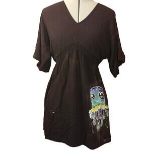 Womens Top Medium Black Cinch Waist Tunic Flowy Handcrafted Batik